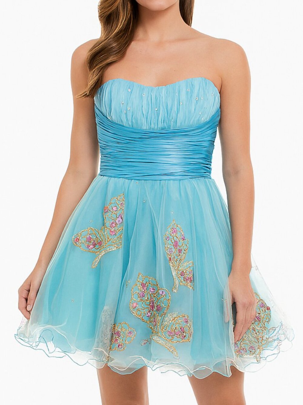 RARE Sherri Hill‎ Blue Butterfly Crystal Strapless Tulle Mini Gown Dress
